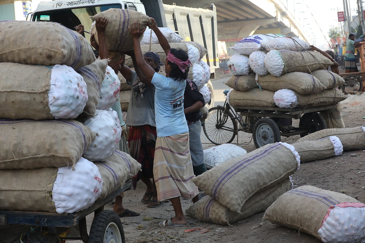 Sacks of betel nut are loaded onto a van for the wholesale market. Tinmatha, Bogura, 28 September. Photo: Soyel Rana