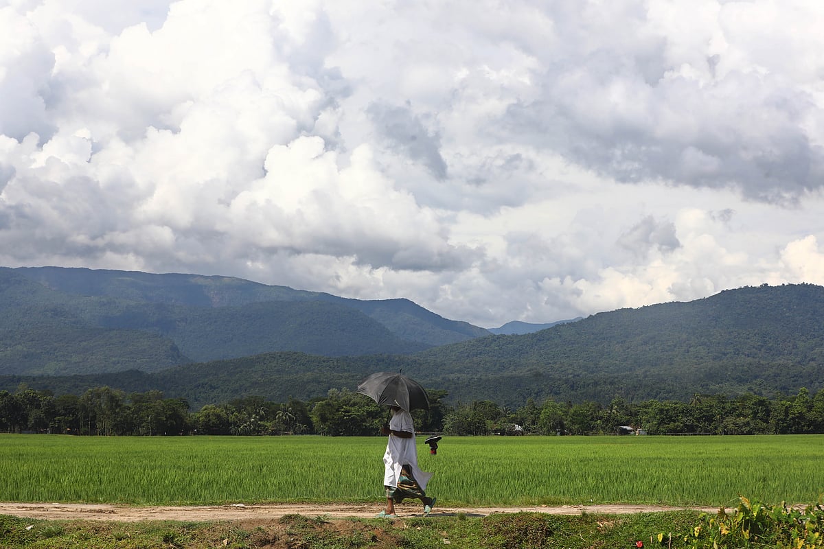 A walker on a dirt path beside the hills on an autumn afternoon